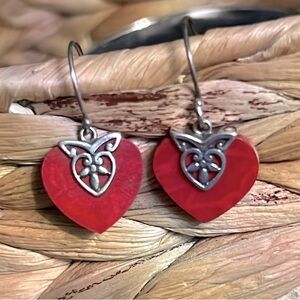 ♥️ STAMPED 925 STERLING SILVER RED DANGLE RED HEART FISH-HOOK EARRINGS